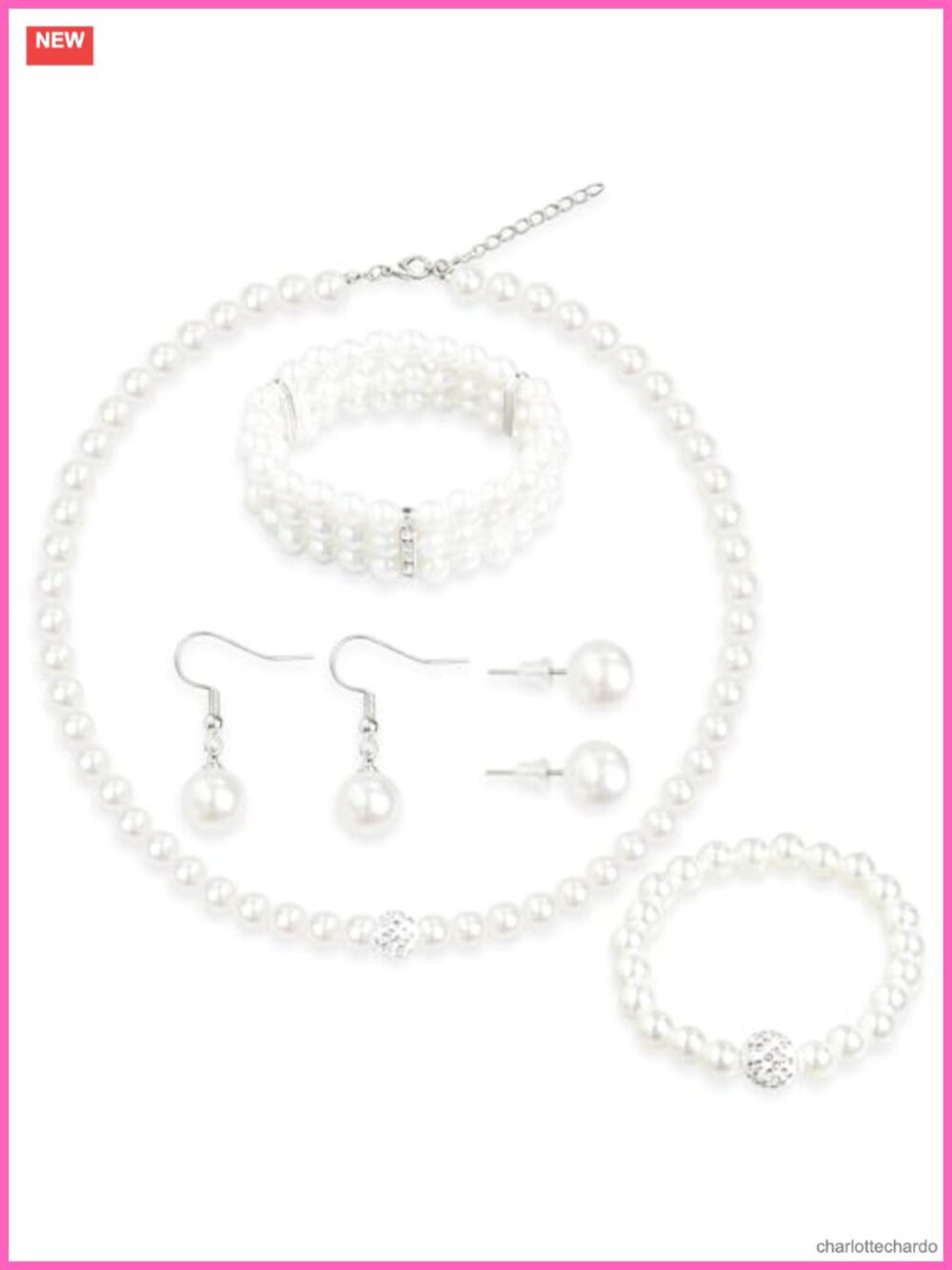 Faux Pearl Jewelry Set 5Pc Necklace Earrings Bracelets for Wedding Bridal Shower